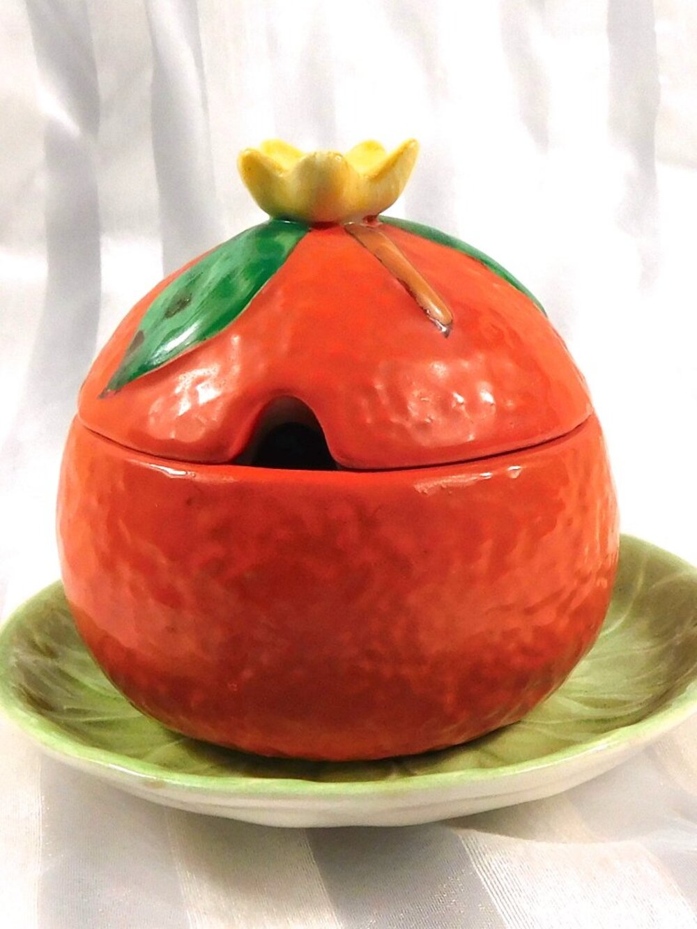 Carlton Ware Orange Shaped Jelly Jar or Honey Pot with Green Underplate # 27170